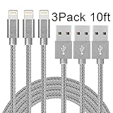 Lightning Cable Silver 8Pin To USB Charger 3Pack 10FT Fast Charging Cord Wire Nylon Braided Tangle Free Compatible With All Apple Devices And Products iPhone iPad iPod Prime By Ombrace
