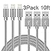 Lightning Cable Silver 8Pin To USB Charger 3Pack 10FT Fast Charging Cord Wire Nylon Braided Tangle Free Compatible With All Apple Devices And Products iPhone iPad iPod Prime By Ombrace