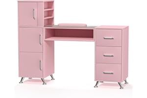 DeerDean Pink Manicure Table Glass Top Nail Makeup Desk Station Nail Table Station Acetone Resistant Nail Tech Desk w/Large Capacity