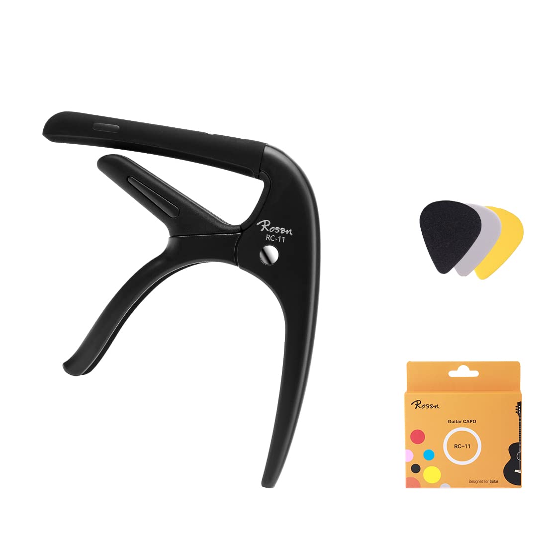 Rosen Quick-Change Guitar Capo for 6-String Acoustic and Electric Guitars Bass, Ukulele, Banjo, Mandolin Capo with 3 Picks Capotastos, Black