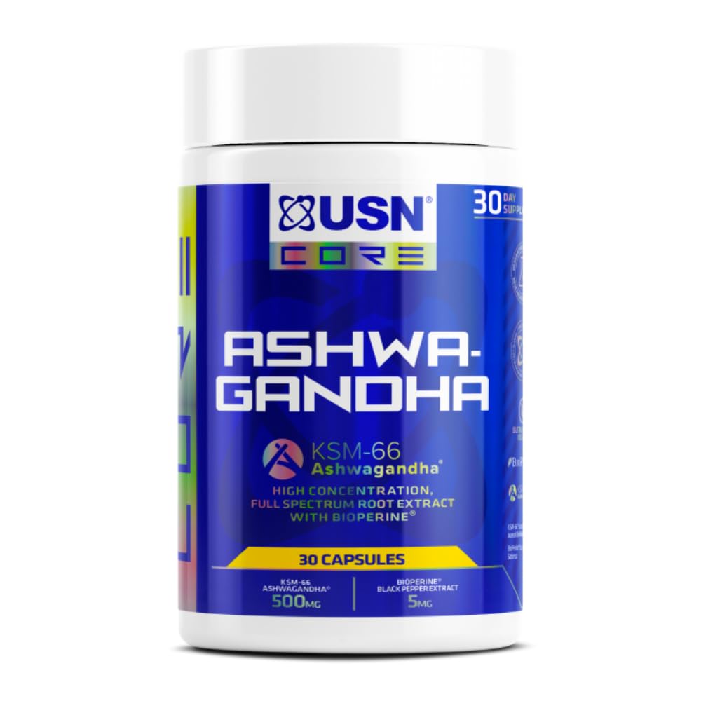 USN Ashwagandha, KSM-66 Dietary Supplement - 30 Capsules, Premium Natural Stress Relief Supplements, Bioperine to Aid with Absorption, Daily Caps