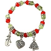 Red Green Ball Stretchy Bracelet for Women Acrylic Beaded Christmas Tree Snowman Charms Chain Cute Xmas Holiday Festival Dress Accesories Jewelry 8 inch