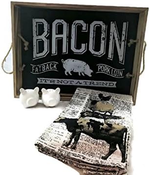 Farmhouse Bacon Theme Rectangle Serving Tray With Rope Handles, Farmhouse Linen Towel and Ceramic Pig Salt and Pepper Shaker Bundle