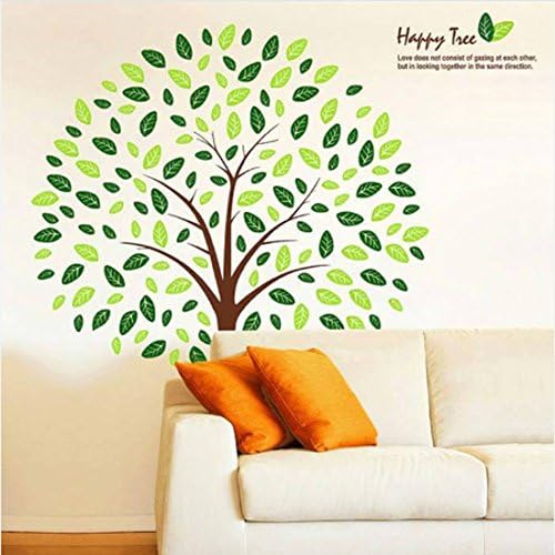 English Letters Happy Tree Green Leaves Wall Sticker Paper Home Decal Removable Wall Vinyl Living Room Bedroom PVC Art Picture Murals Waterproof DIY Stick for Adults Teems Childres Kids Nursery Baby