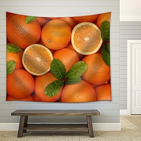 Collection of Fresh Oranges with Leaves Forming a Background - Fabric Wall Tapestry Home Decor - 51x60 inches