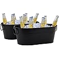 Ice Bucket Galvanized Tub, 2 Pcs 3 Gallon Oval Beverage Tub, Drink Cooler Ice Buckets for Parties, Metal Bucket with Handle for Beer Whiskey Wine and Cocktails (Black)