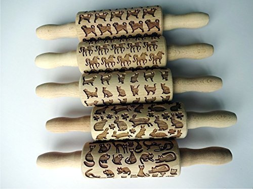 5 ANY pattern Kid Size Rolling Pin SET. Wooden Laser Cut Mini Rolling Pins for cookies, play dough, salt dough or clay. Laser engraved embossing rolling pins for homemade cookies. Choose your patterns