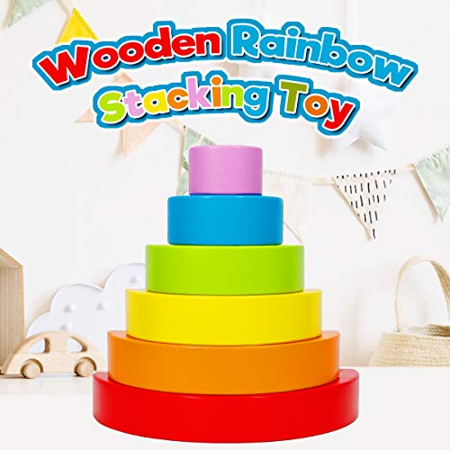 Dreampark Wooden Rainbow Stacking Game Stacker Nesting Puzzle Blocks, Color Shape Matching Educational Learning Toys for Kids Baby Toddlers 1 2 3 4 5 Years Old and Up (6 PCS)