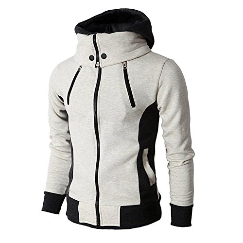 Santorini Island Men's Double Zipper Hooded Jacket Turtleneck Fleece Hoodie Coat (Large, Light Grey)