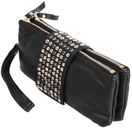 Garrelett Women Leather Rivet Zipper Wallet Card Coin Purse Wristlet Evening Clutch Handbag (Black)