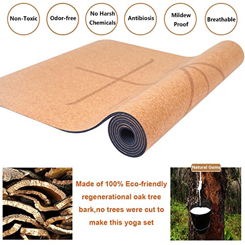4PCS-Eco-friendly-Cork-Yoga-Mat-Set-Non-slip-Organic-Cork-Natural-Rubber-w3inch-Cork-BlockYoga-StrapYoga-bag-For-Hot-Yoga-Gymnastics-Aerobicsw-72LX24W-4mm-Non-Toxic-Latex-Free-Gym-Exercise-Mat