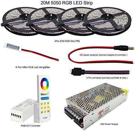 NEWSTYLELIGHTING RGB LED Strip 5050 SMD Flexible Light DC 12V 60Led/m Strip Lamp+ Led Controller+Power Adapter Supply (4 in 1 line, 20m IP65 Led Strip)