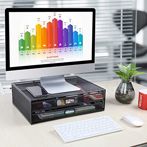 Monitor Stand Riser with Drawer - Mesh Metal Desk Organizer PC, Laptop, Notebook, Printer Holder with Pull Out Storage… - Image 2