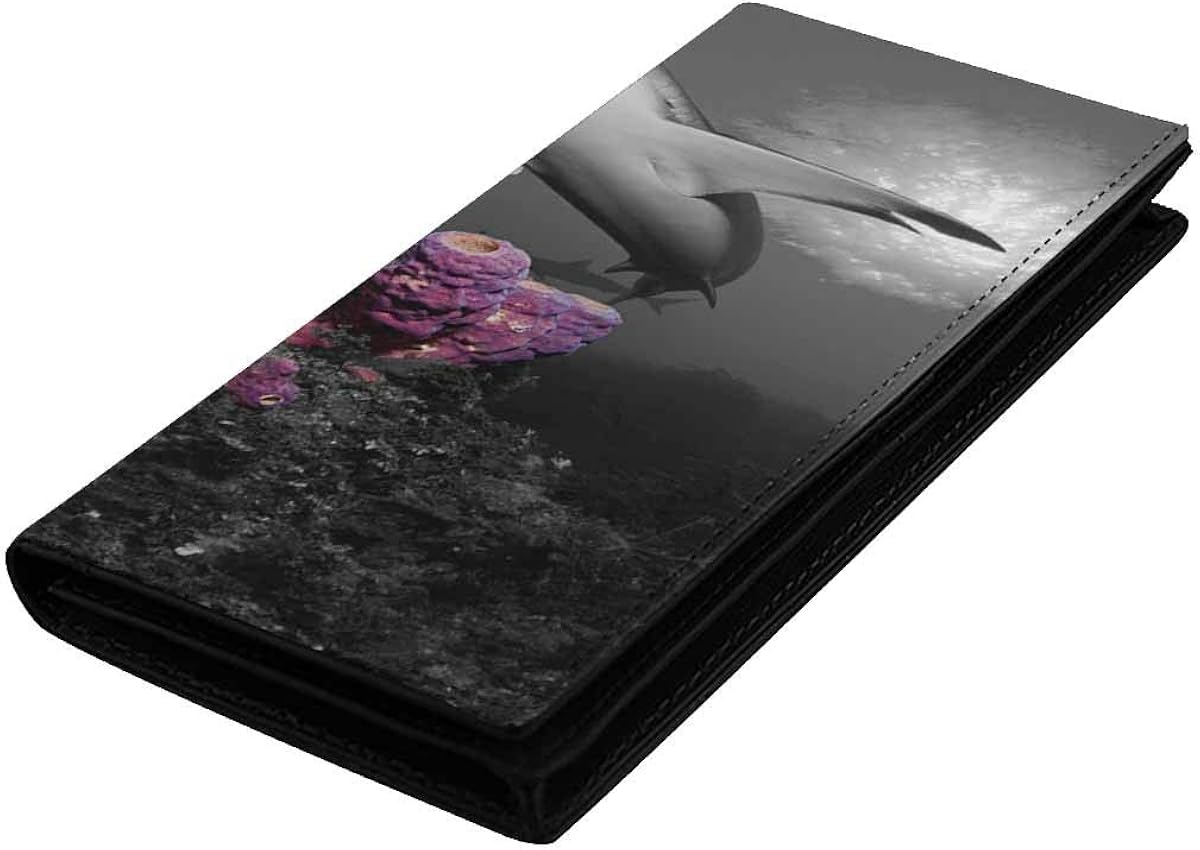 InterestPrint Leather Wallet for Women, Slim Clutch Card Organizer Caribbean Reef Shark Over Beautiful Pink Coral Head