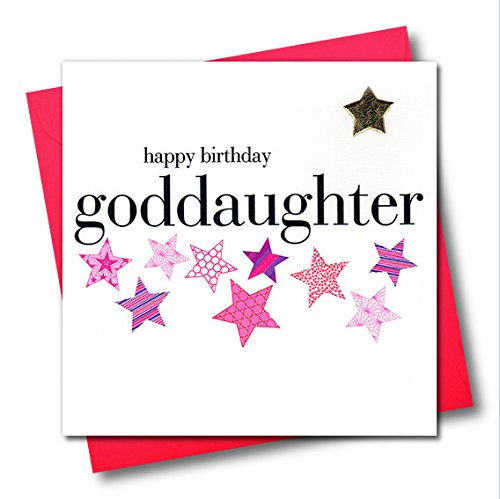 Claire Giles Greeting Cards, Happy Birthday Goddaughter Card, Pink Stars design Birthday Greeting Card, Embellished with a shiny padded star