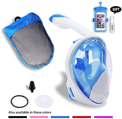 AOLAIS Third Gerneration 180°view Panoramic full face Snorkel Mask for Adults and Kids,Anti-fog Anti-leak Design Easy Breathe Snorkeling Mask Set (White+blue, S/M)