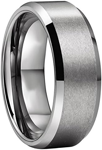 Tungsten Wedding Band Ring For Men & Women, Brushed Matte Silver Engagement Ring Finish w/ Beveled Polished Edge - Durable and Comfortable 8mm Width Ring