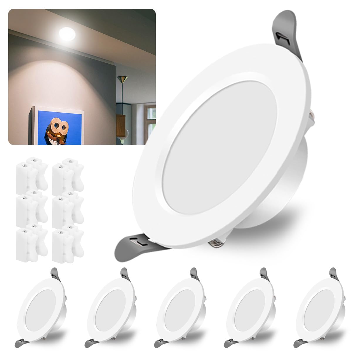 LUXHEIM 6 Pack LED Downlights for Ceiling,Recessed Spotlight Super Flat 6W Energy Saving LED Spot Lights Ceiling 6500K 650 Lumens Slim Round Downlight for Bathroom Living Room Kitchen