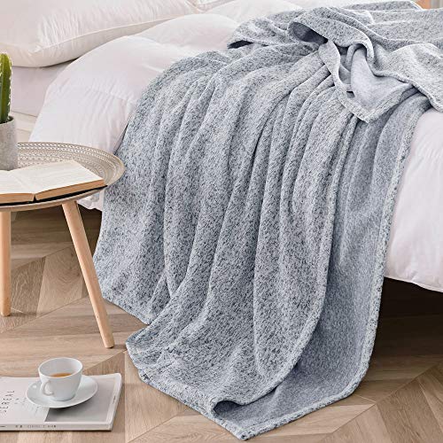 KAWAHOME Knit Summer Thin Blanket Breathable Lightweight Fuzzy Heather Jersey Blankets All Season for Couch Sofa Bed Queen Size 90 X 90 Inches Blue and White