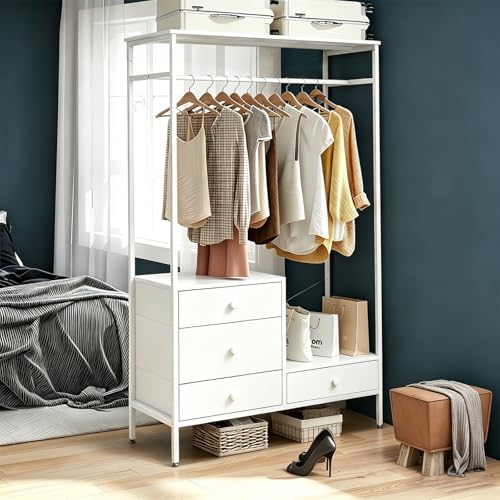 STAR BURN Closet Armables Para Ropa, Acero+Madera Tarea Pesada Rack Para Ropa, perchero con 4 cajones, Armario de Acero y Madera con Barra para Colgar, Adecuado para Dormitorios y Lavaderos(Blanco)