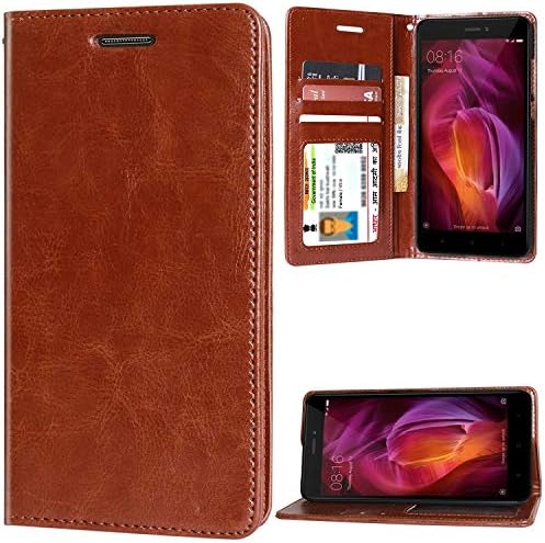 unisTuff Wallet Folio Flip Cover with Magnetic Closure, 1 Cash/Bills slot, 1 ID Card Slot, 2 Debit/Credit Card slot for Redmi Note 4 (Executive Brown, Artificial Leather, 360 Protection)