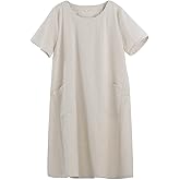 FTCayanz Women's Linen Shirt Dresses Summer Casual Short Sleeve Plaid Tunic Midi Dress
