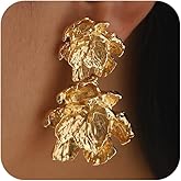 Chunky Gold Vintage Double Floral Dangle Drop Earrings for Women, Statement Boho Silver Hammered Flower Dangling Earring Y2k Party Prom Jewelry Gifts