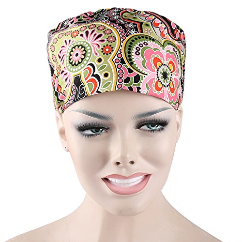 JoyRing 4 Pack Unisex Adjustable Surgical Hat Scrub Cap with Sweatband for Ponytail and Free Reusable Cotton Mask, One Size Fit Most