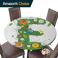 Printsonne Round Table Cloth 43"-47" Round, Letter E, E Symbol Nature Elements Wild Pasture Flowers Daisies Butterflies Colorful, Green Multicolor, Decorative Table Top Cover (Elastic Edge)