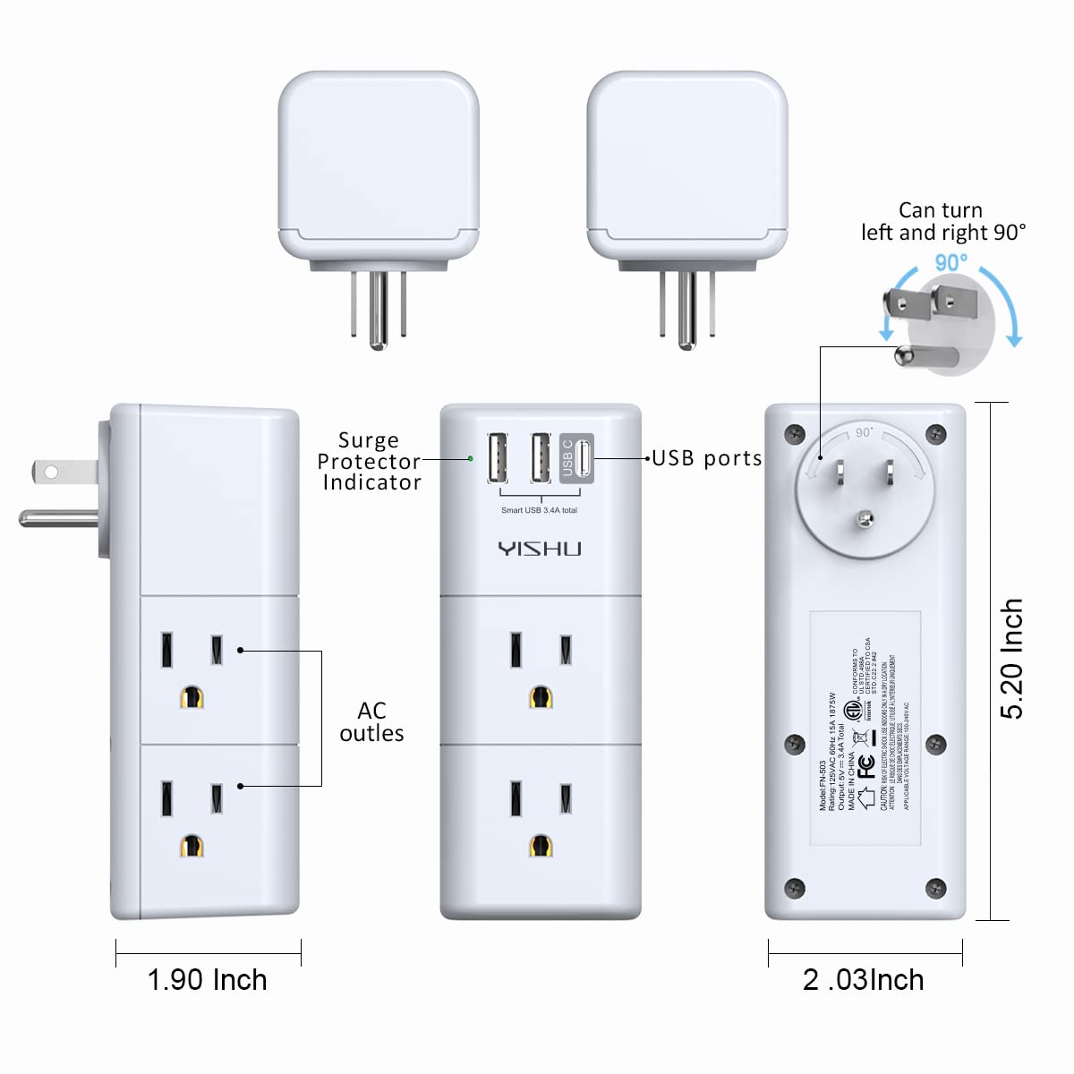 USB Multi Plug Outlet Extender - YISHU Surge Protector with Rotating Plug, 6 AC Plug Extender with 3 USB Ports, 3-Sided Swivel Power Strip Best Ideal Stocking Stuffers for Adults