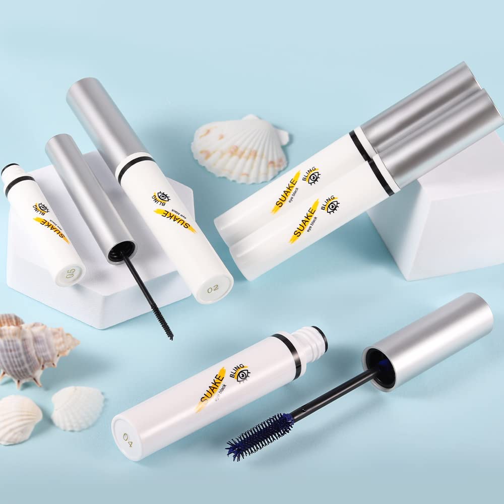 4pcs Colored Mascara and 1Pcs Black Skinny Mascara Set, Blue Red Brown Mascara eyelash Volume and Length, 4D Silk Fiber Lash Extensions Mascara, Natural Hypoallergenic Cruelty-Free Mascara