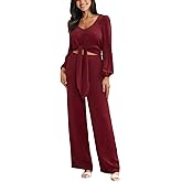CUPSHE Women’s 2 Piece Pant Set Long Sleeve V Neck Top and Wide Leg Pants Tie Waist Outfit Casual Elegant Two Piece Suit