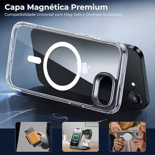 Capa para [iPhone 16E] e [iPhone 17E] Capinha Magnetica Premium com [Proteção de Câmera] Clear Case Transparente [Anti-Amarelamento], Compatível com MagSafe Slim e Anti Impacto