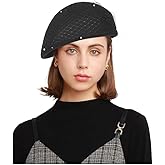 Vintage Wool French Beret Hat with Mesh Veil, Crystal Brooch Accent, Classic Beanie Winter Cap