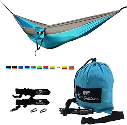 (Gray/Light Blue) Koki Outdoors Lightweight Double Hammock - Heavy Duty Parachute Nylon - Tree Straps, Steel Carabiners and Carry Bag Included