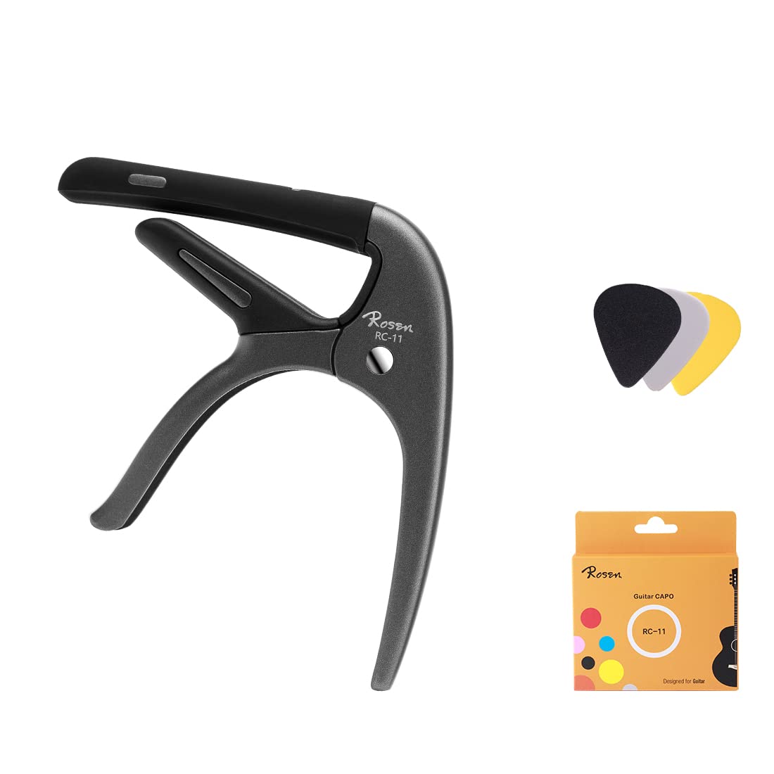 Rosen Quick-Change Guitar Capo for 6-String Acoustic and Electric Guitars Bass, Ukulele, Banjo, Mandolin Capo with 3 Picks Capotastos, Grey