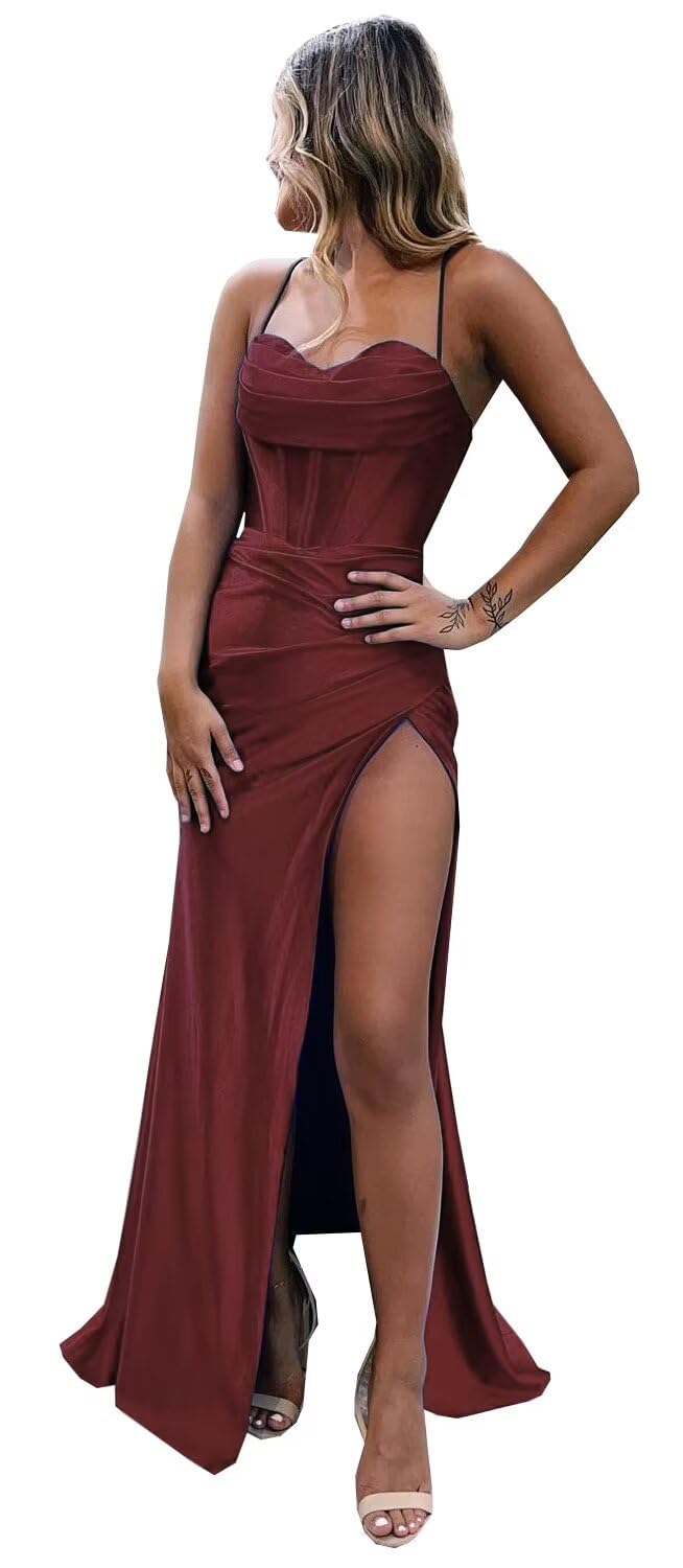 Burgundy Plus Size Prom Dress 2022 – Satin Mermaid Gown With High Slit For Formal Evening & Cocktail Parties