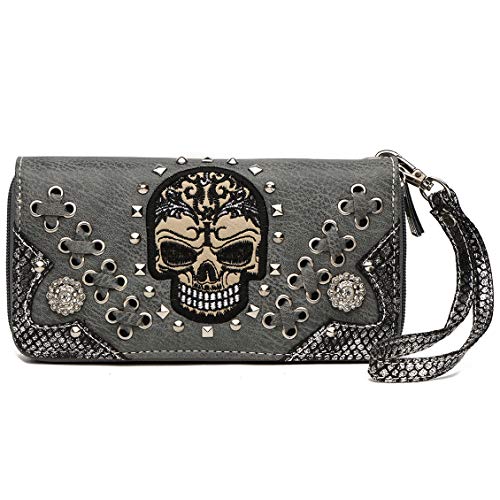 Sugar Skull Punk Art Rivet Studded Women Wallet Day of the Dead Wristlet Purse (Gray)