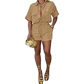 Euulin 2 Piece Outfits for Women Button Down Lightweight Short Sleeve Shirts Loungewear Summer Shorts Sets With Pockets