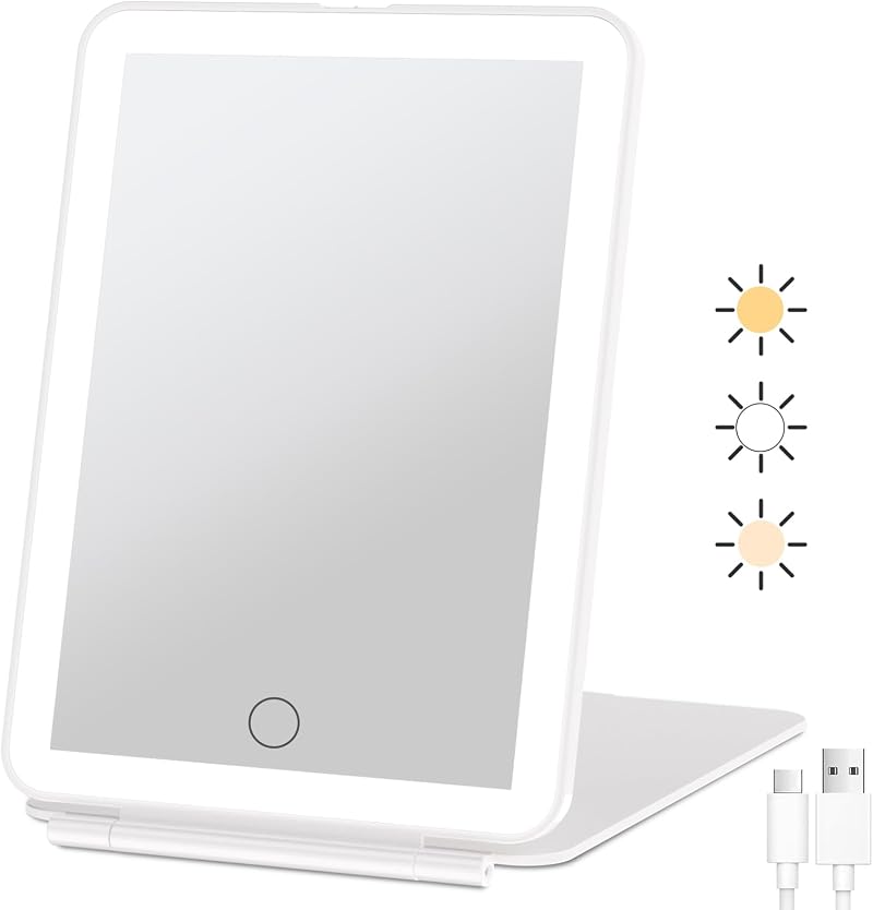 FUNTOUCH Rechargeable Travel Makeup Mirror with Lights, 3 Color Dimming