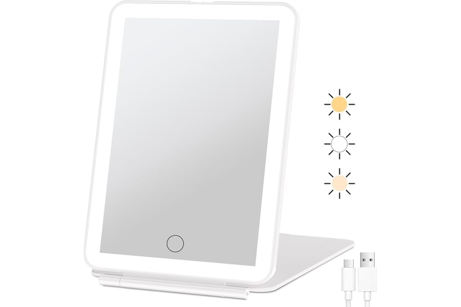FUNTOUCH Rechargeable Travel Makeup Mirror with 72 Led Lights, Portable Lighted Beauty Mirror, 3 Color Lighting, Dimmable Touch Screen, Tabletop LED Folding Cosmetic Vanity Mirror