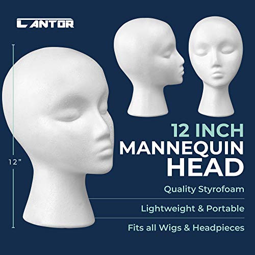 12" Styrofoam Wig Head - Tall Female Foam Mannequin Wig Stand and Holder - Style, Model And Display Hair, Hats and Hairpieces - For Home, Salon and Travel - by Cantor