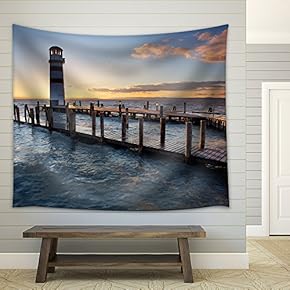 Lighthouse at Lake Neusiedl at Sunset - Fabric Wall Tapestry Home Decor - 51x60 inches