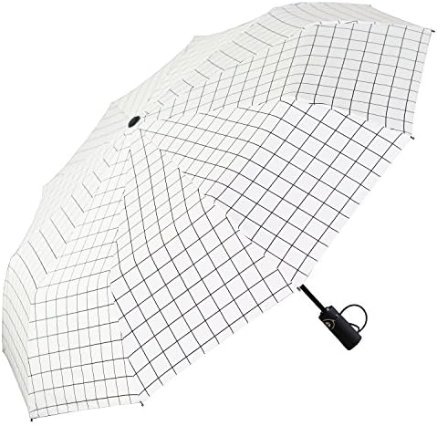 Imonet Automatic Sun Protection &amp; Rain Umbrella with UPF50+ Black Coatings, Waterproof Windproof 10 Fibreglass Ribs White Grid for Women Men