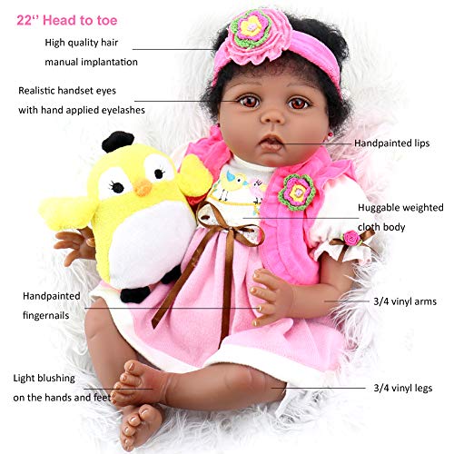 Aori Lifelike Reborn Baby Dolls 22 Inch African American Soft Body Realistic Girl Doll with Bird Gift Set