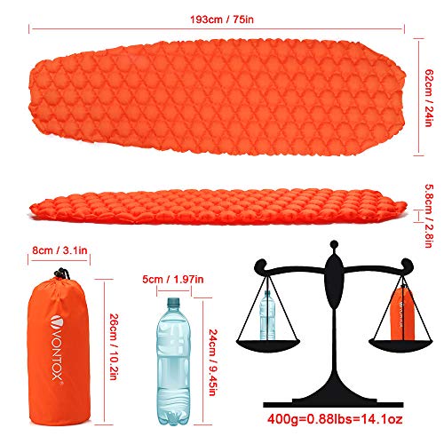 V VONTOX Sleeping Pad - Ultralight Inflatable Sleeping Mat, Best Self Serving Pad for Camping, Suitable for Camping, Backpacking, Hiking, Outing, Mountaineering - Carry Bag, Repair Kit -Orange Round - Thumbnail 5