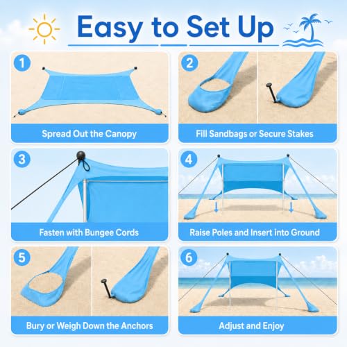 Anti UV UPF50+ Beach Tent 7ft x 7ft Sunshade Portable Canopy with 2 Pcs Aluminum Poles 4 Sand Bag Anchors Outdoor Shelter for Beach, Camping or Picnic, Blue