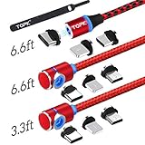 TOPK USB Magnetic Cable,Micro USB and Type C 3in1, 90 Degree Right Angle,Nylon Braided Cord,360 Magnetic Charging Cable with Led Light,(3-Pack,3.3ft/6.6ft/6.6ft) Cell Phone Charger Cable for Android