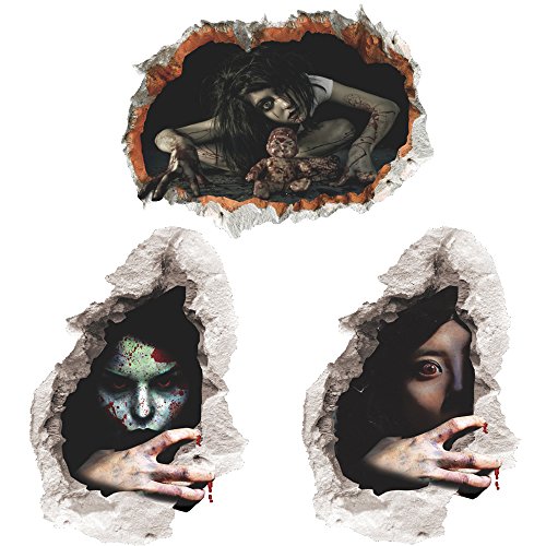 3 PCS 3D Halloween Horror Wall Sticker Scary Bloody Female Ghost Spirit Scratching the Wall Cracked Wall Decor Removable Home Decoration Art Mural Wallpaper