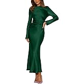 LASPIA Women's Elegant Satin Dress Long Sleeve Fitted Crew Neck Tie-up Back Fall Dresses,Green,Medium